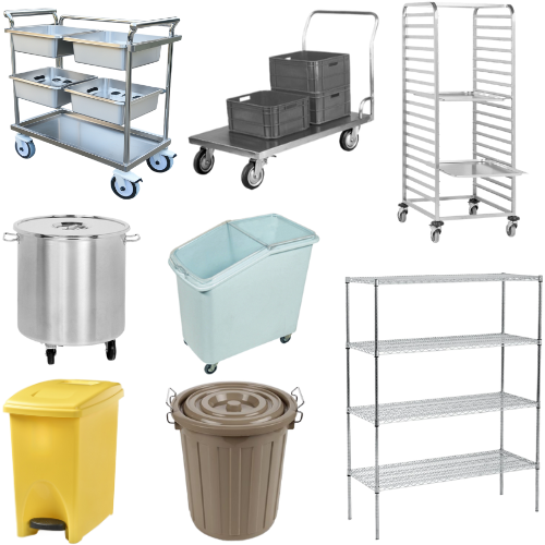 Auf weißem Hintergrund sind verschiedene Behälter und Regale abgebildet