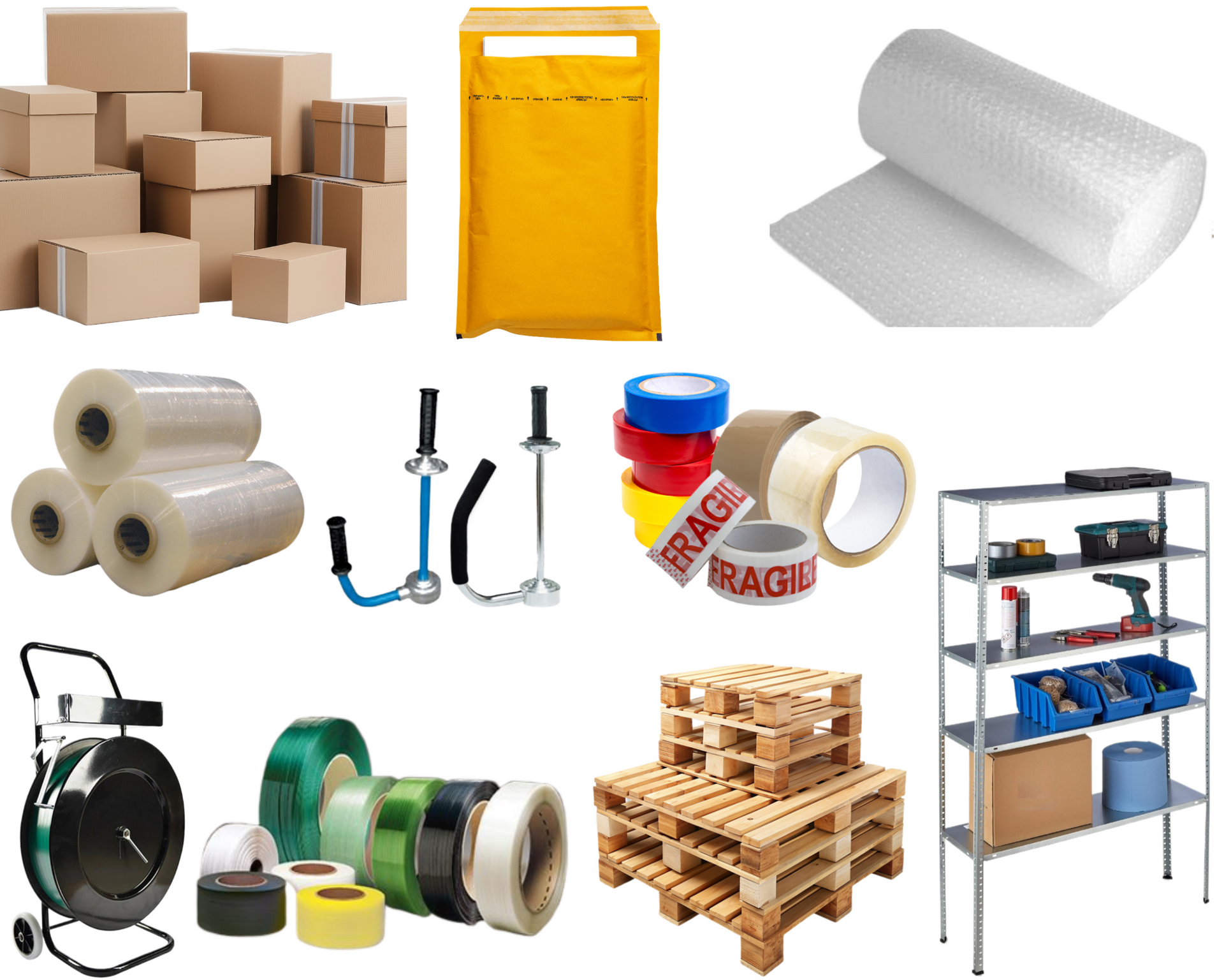 Eine Reihe von Verpackungsmaterialien, darunter Kartons, Klebeband und Paletten