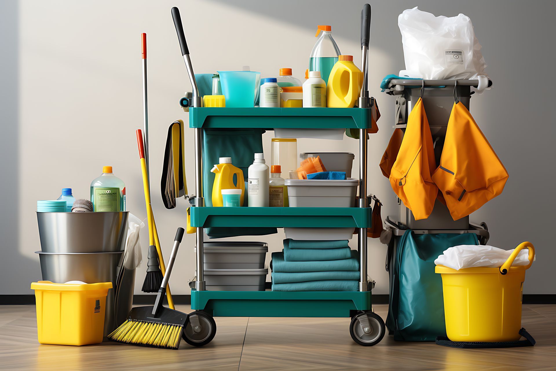 Ein Reinigungswagen voller Reinigungsmittel und einem Wischmopp.