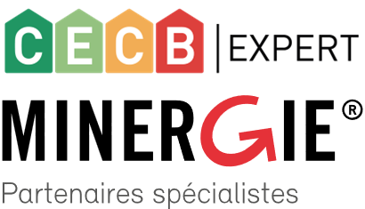 Un logo vert, noir, rouge et jaune pour le label CECB et un logo rouge et noir pour le label Minergie