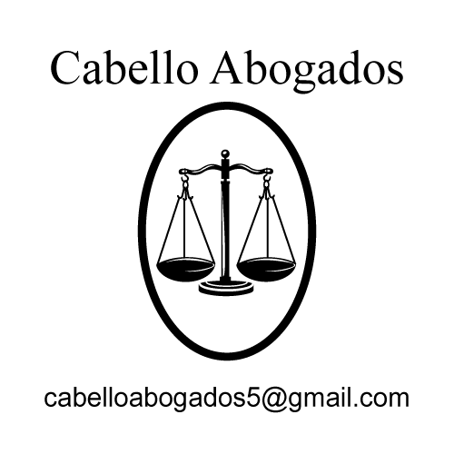Logotipo para "Cabello Abogados": Balanza de la justicia dentro de un óvalo, dirección de correo electrónico debajo.