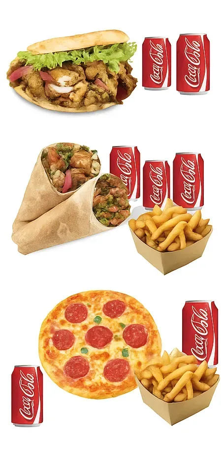 Tres combos de comida rápida: sándwich con Coca-Cola, wrap con papas fritas y Coca-Cola, pizza con papas fritas y Coca-Cola.