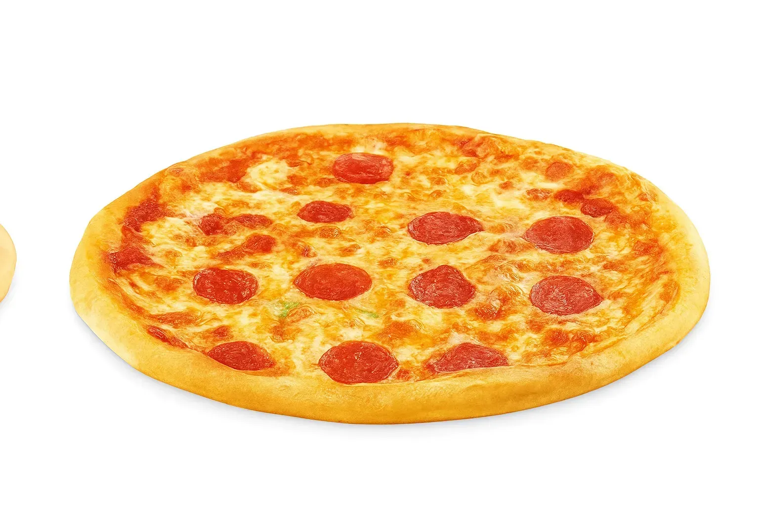 Pizza de pepperoni sobre fondo blanco.