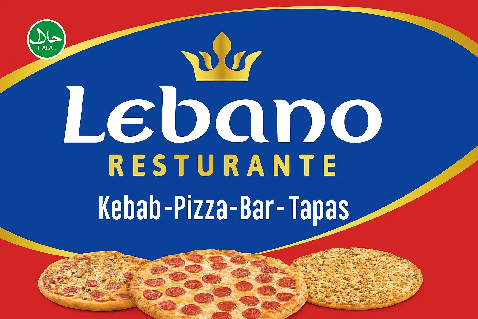 Letrero de Restaurante Lebano con texto de kebab, pizza, bar y tapas, con pizzas sobre fondo rojo y un símbolo halal.