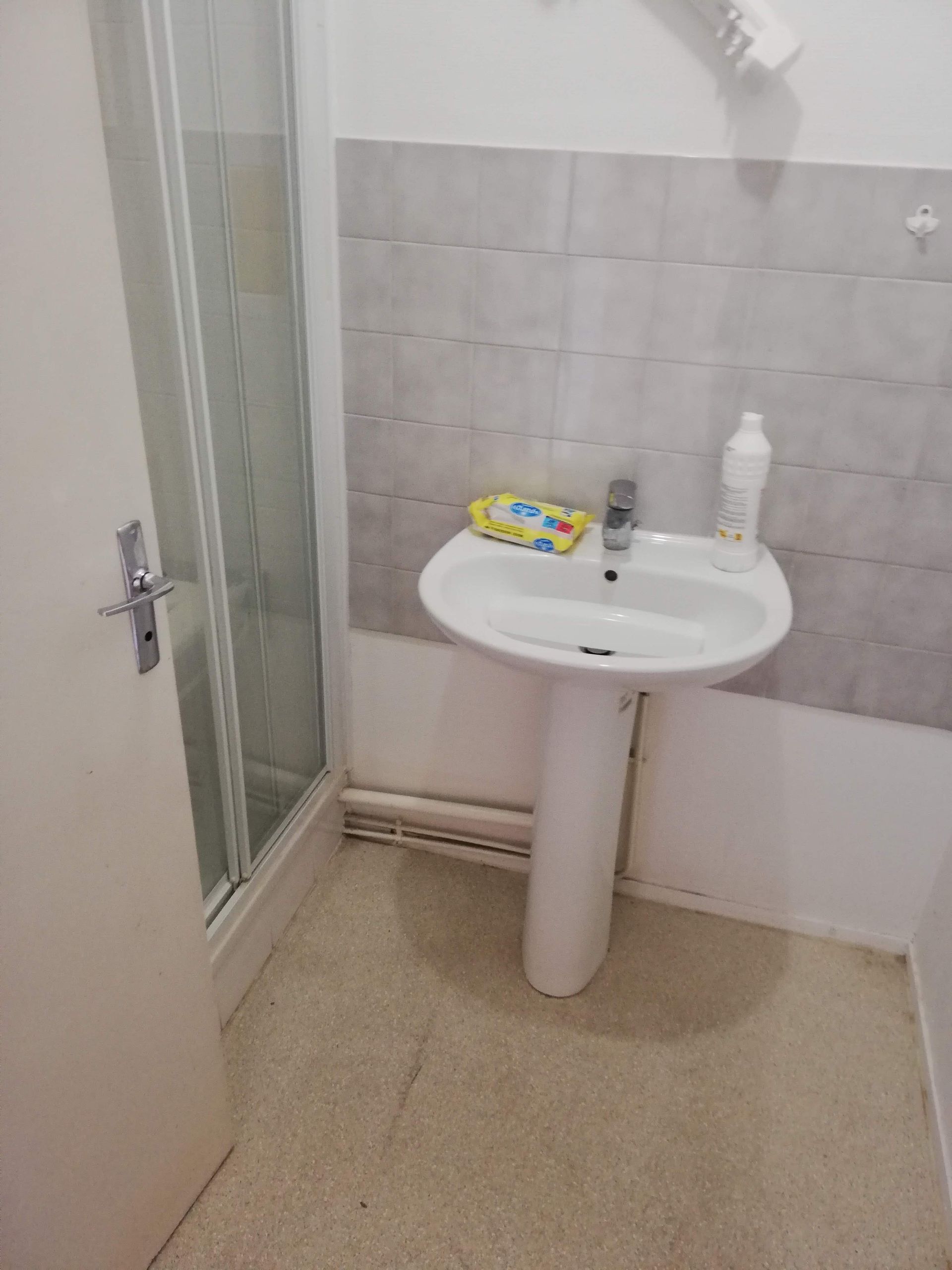 Ancienne salle de bains avec douche fermée et petit lavabo