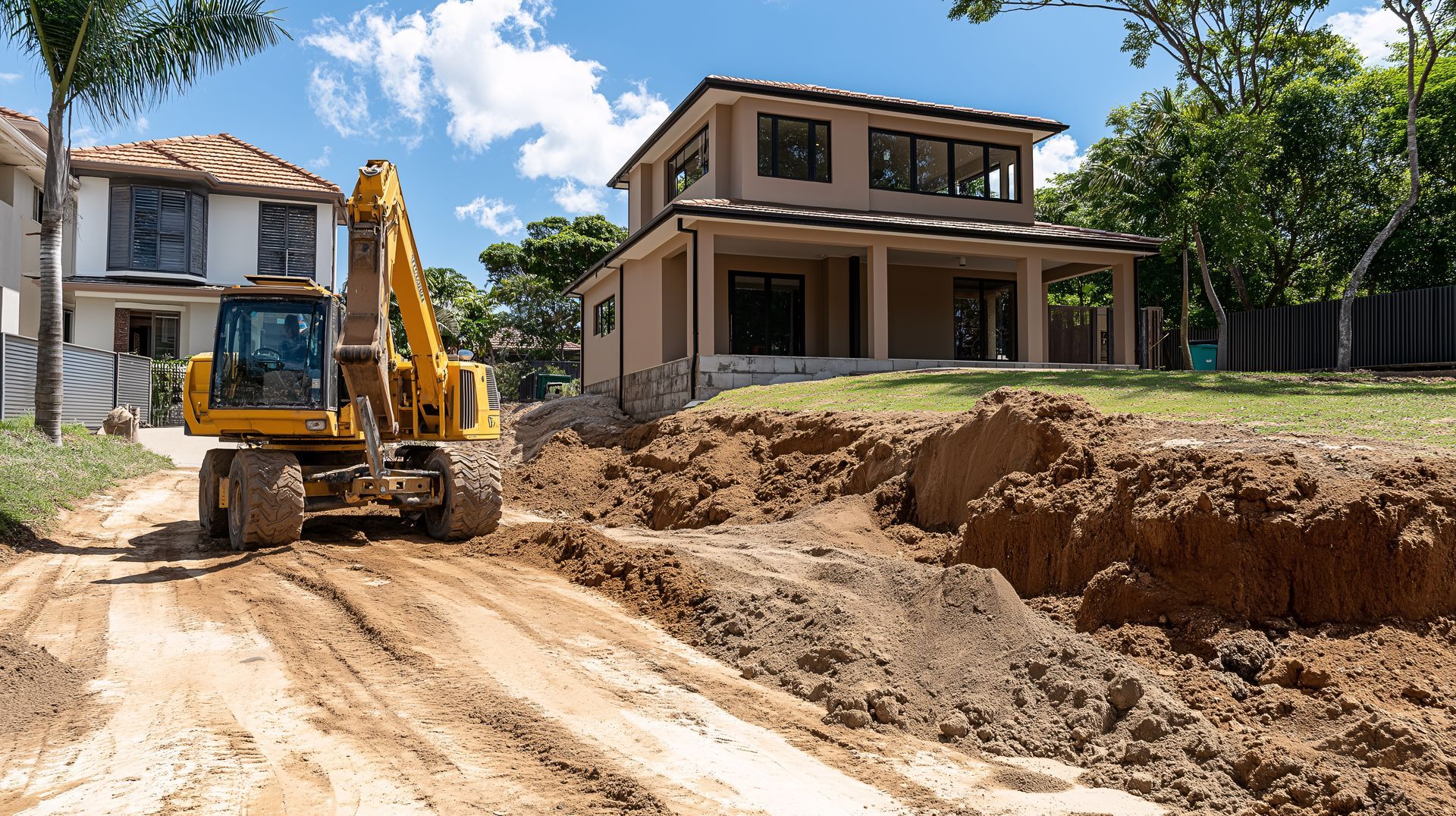 Excavatrice creusant les fondations d'une nouvelle maison