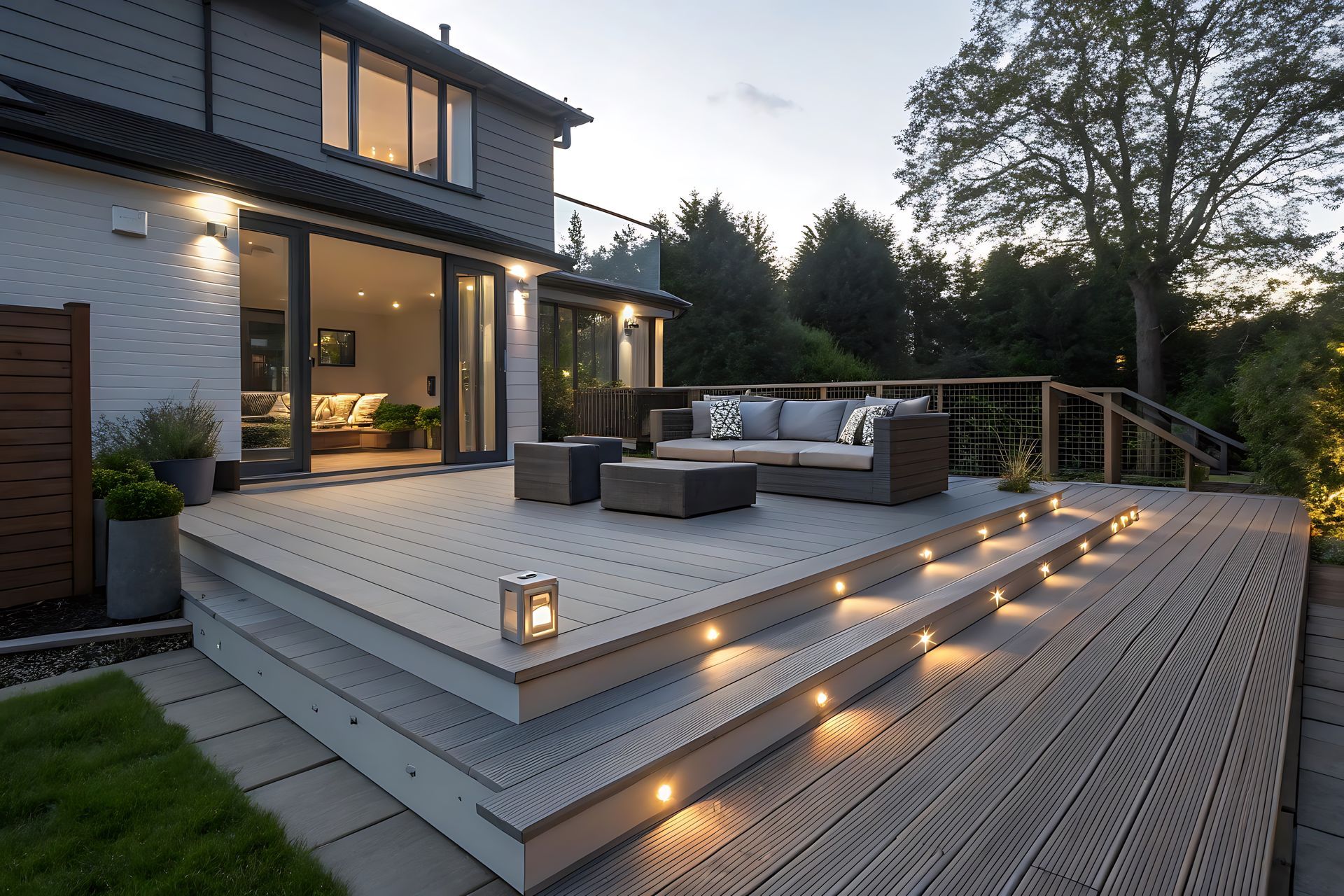 Terrasse en composite moderne avec revêtement gris cendré