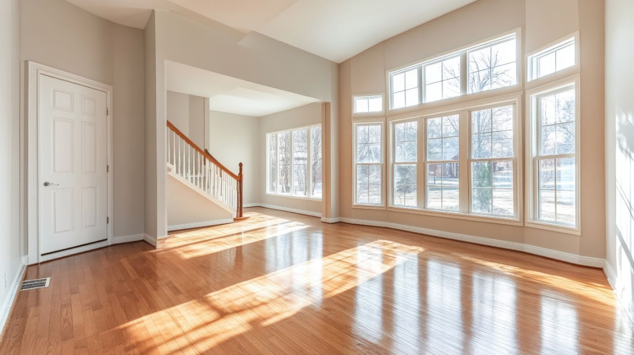 Sala de estar vacía y soleada con pisos de madera, ventanas grandes y una escalera.