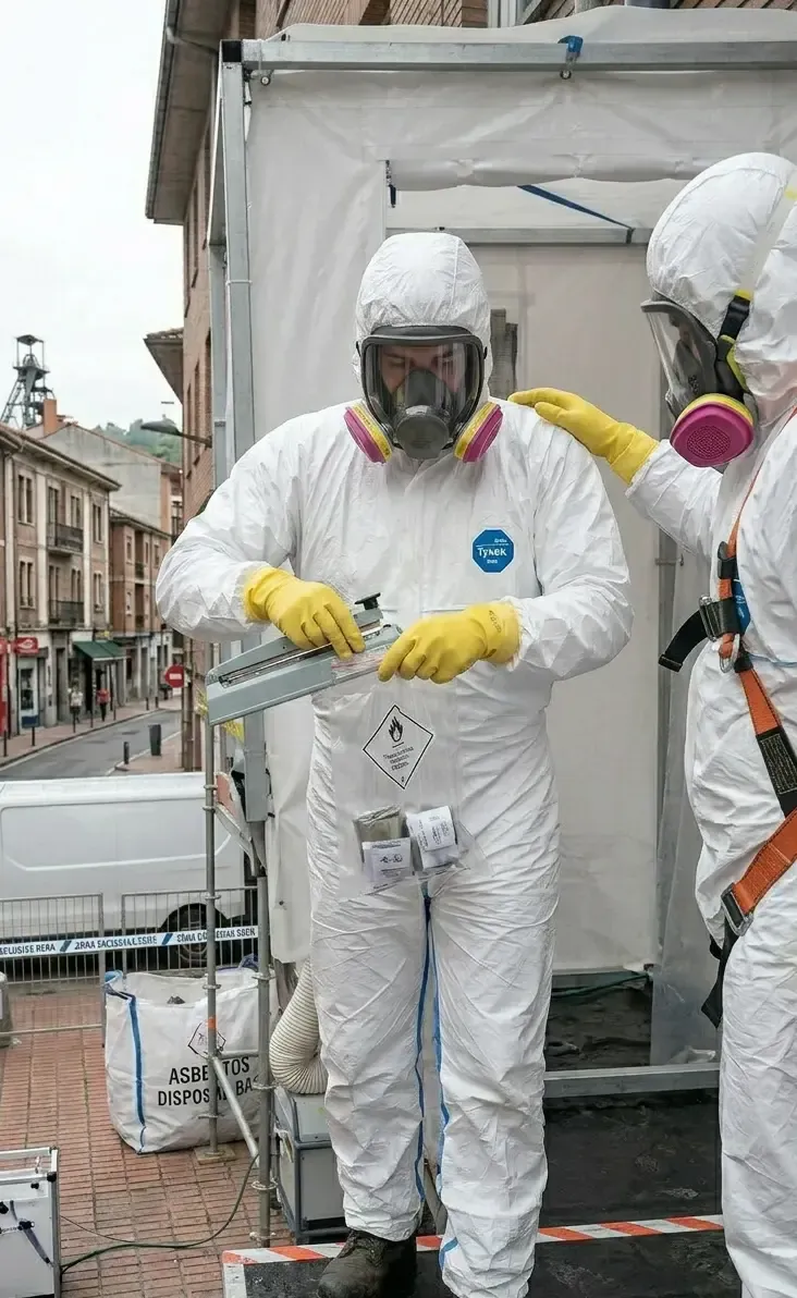 Operario en traje Tyvek sellando amianto en cabina RERA.