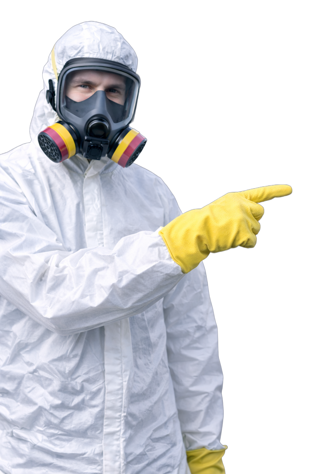 Un hombre con una camisa vaquera señala hacia un lado.