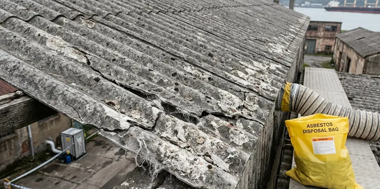 Detalle de amianto degradado por humedad en Mieres