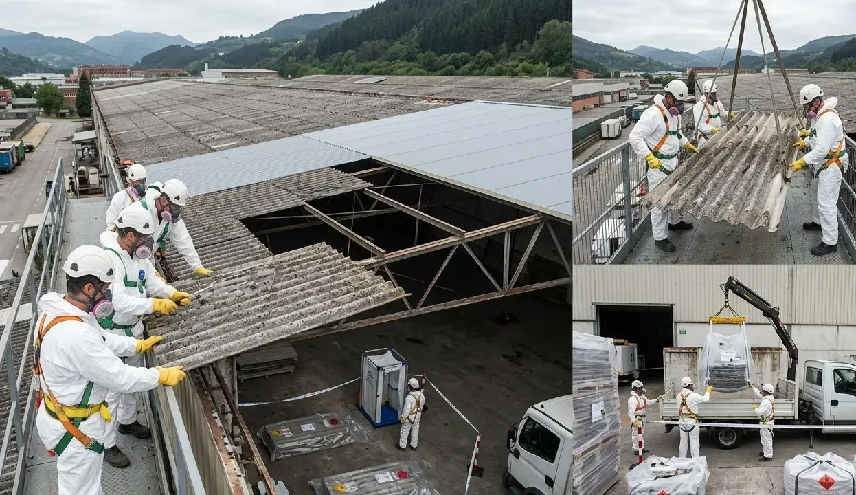 Operarios de ASBESTOR cambiando bajantes de amianto en La Felguera.
