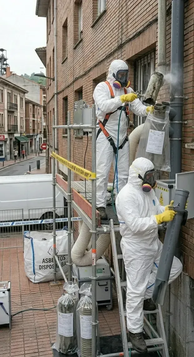 Operarios de ASBESTOR cambiando bajantes de amianto en La Felguera.