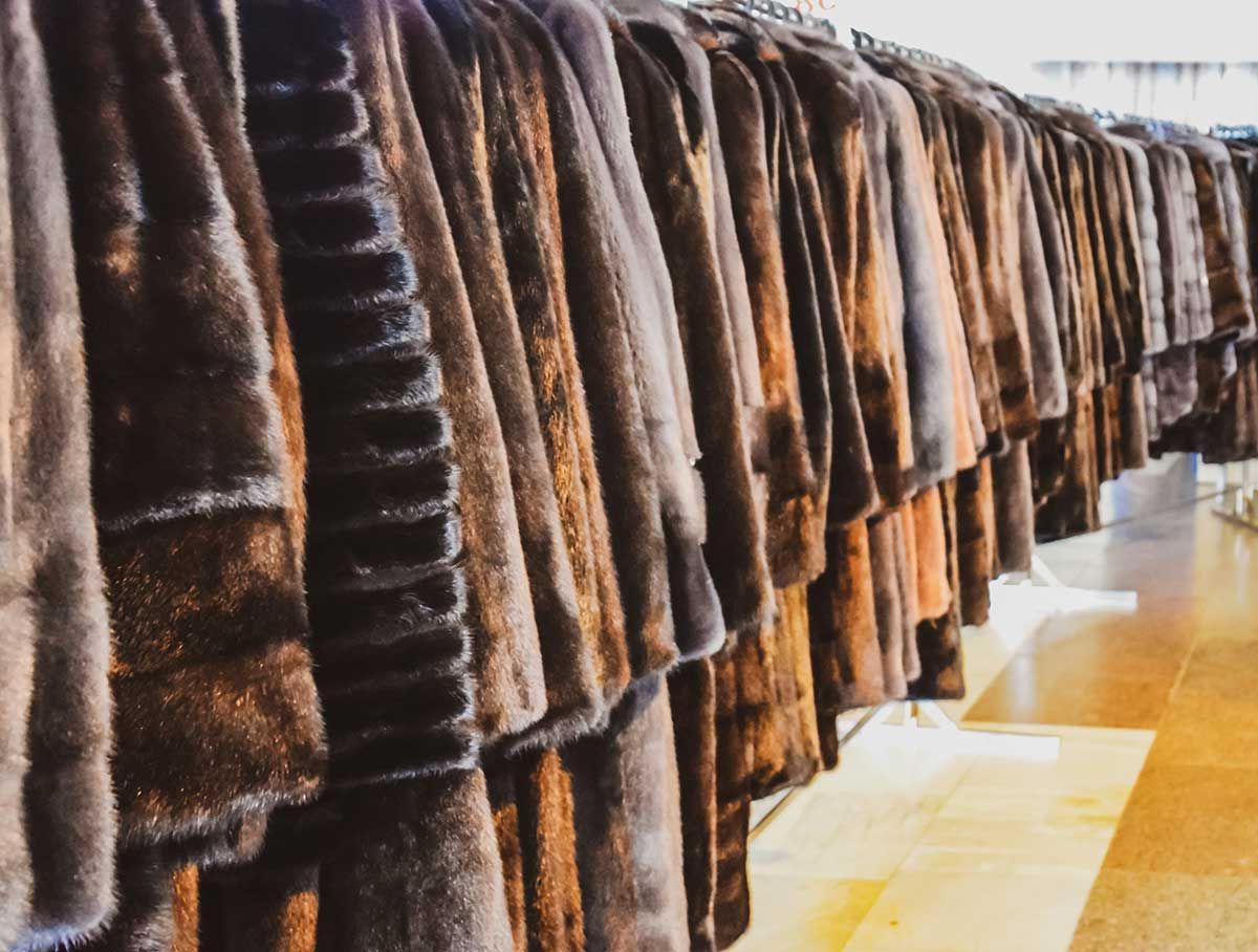 Des rangées de manteaux de fourrure marron suspendus dans un magasin de vêtements aux couleurs vives