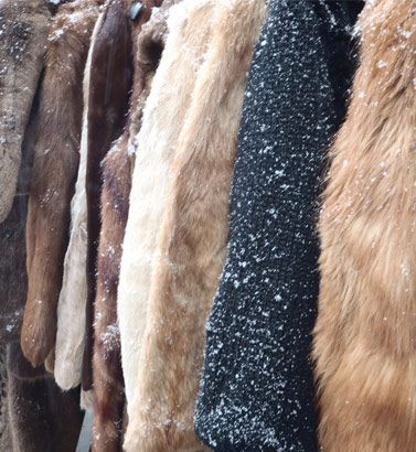 Des vêtements en fourrure et en tissu, dans des tons beige, marron et noir, sont suspendus, la neige tombant visible sur un manteau.