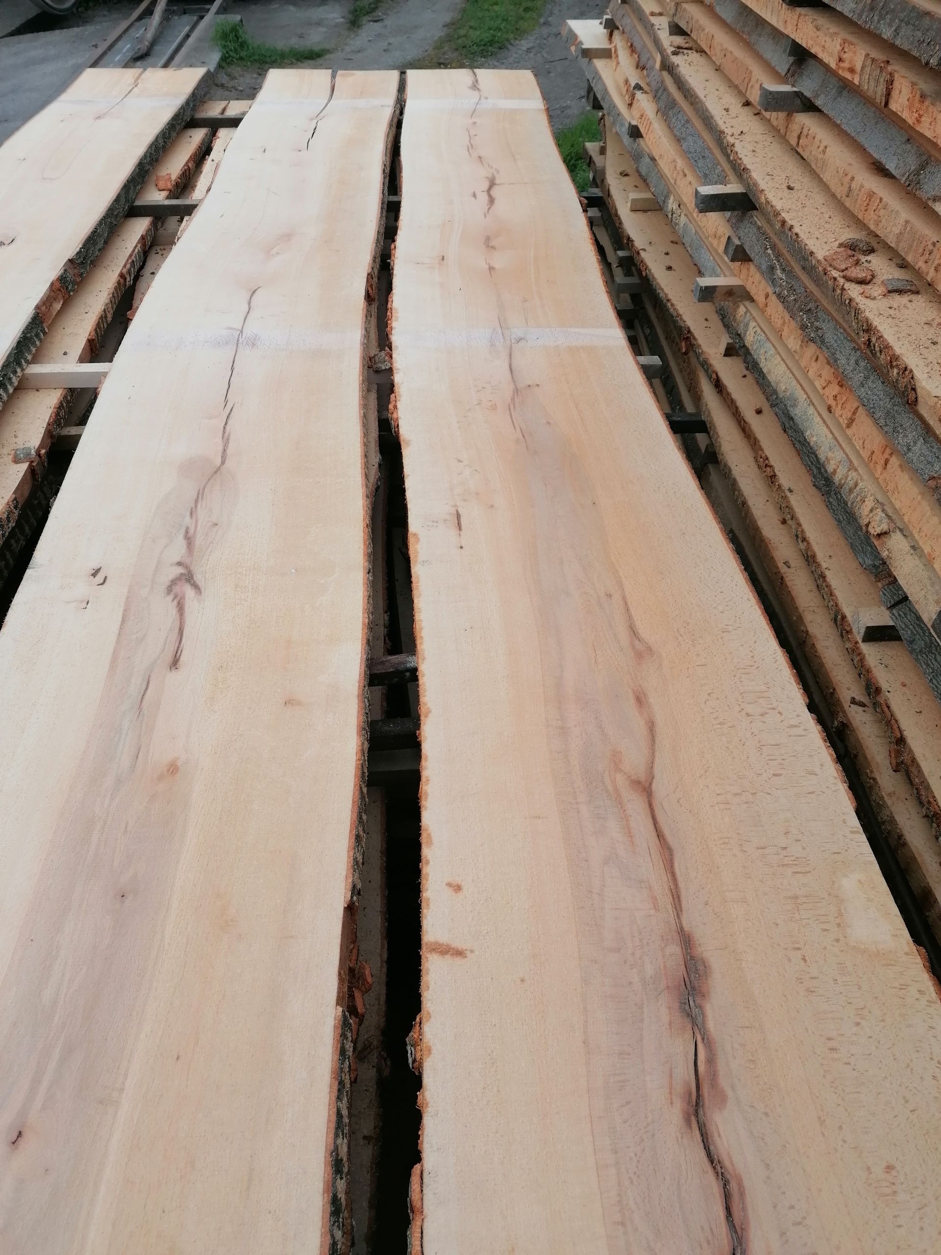 Gestapelte helle Holzbretter mit Rissen, wahrscheinlich im Freien.