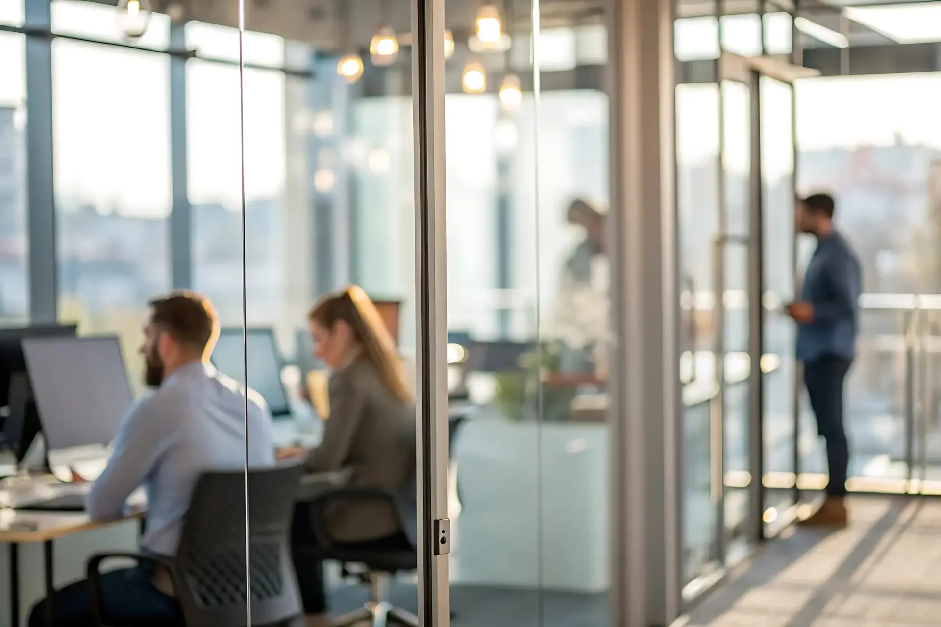 Compañeros de trabajo laborando en sus ordenadores en una oficina moderna y luminosa, vista a través de mamparas de cristal.