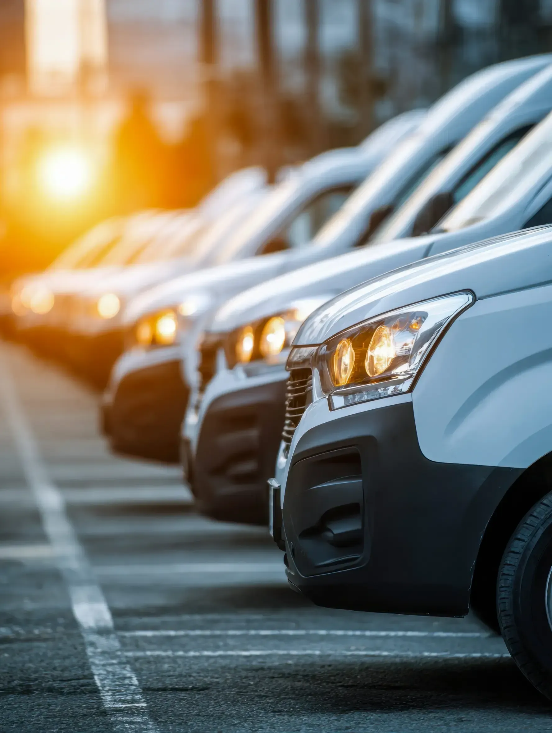 Una hilera de furgonetas de carga blancas idénticas aparcadas en fila al anochecer con los faros encendidos.