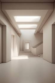 Un pasillo vacío con escaleras y un tragaluz en el techo.