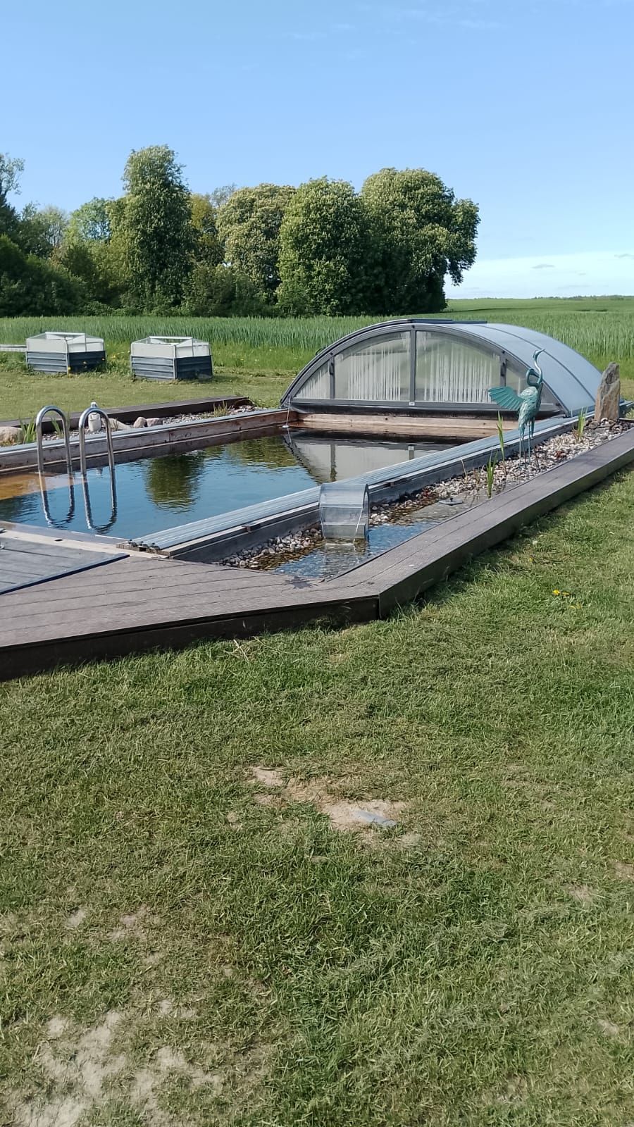 Außenpool mit gewölbter Abdeckung, umgeben von Holzdeck und Gras, an einem sonnigen Tag.