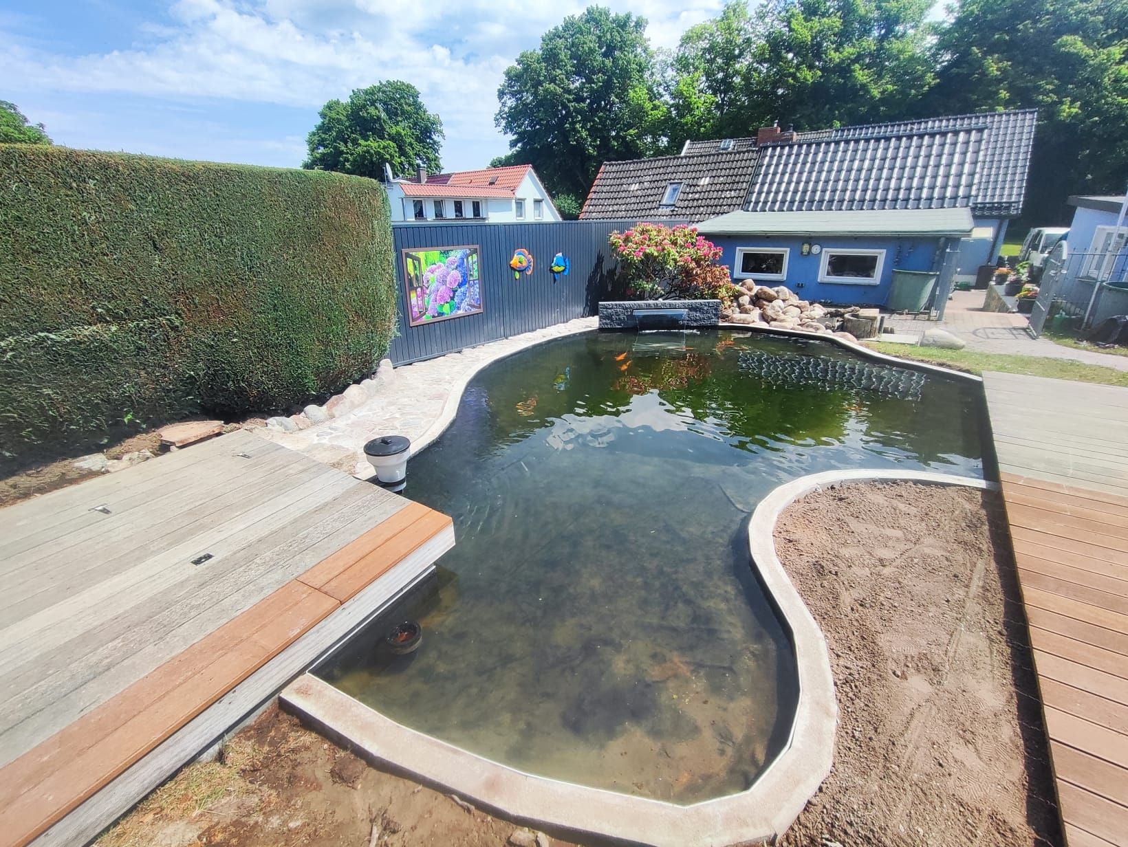 Hinterhofteich mit Holzdeck und umgebendem Grün unter blauem Himmel.
