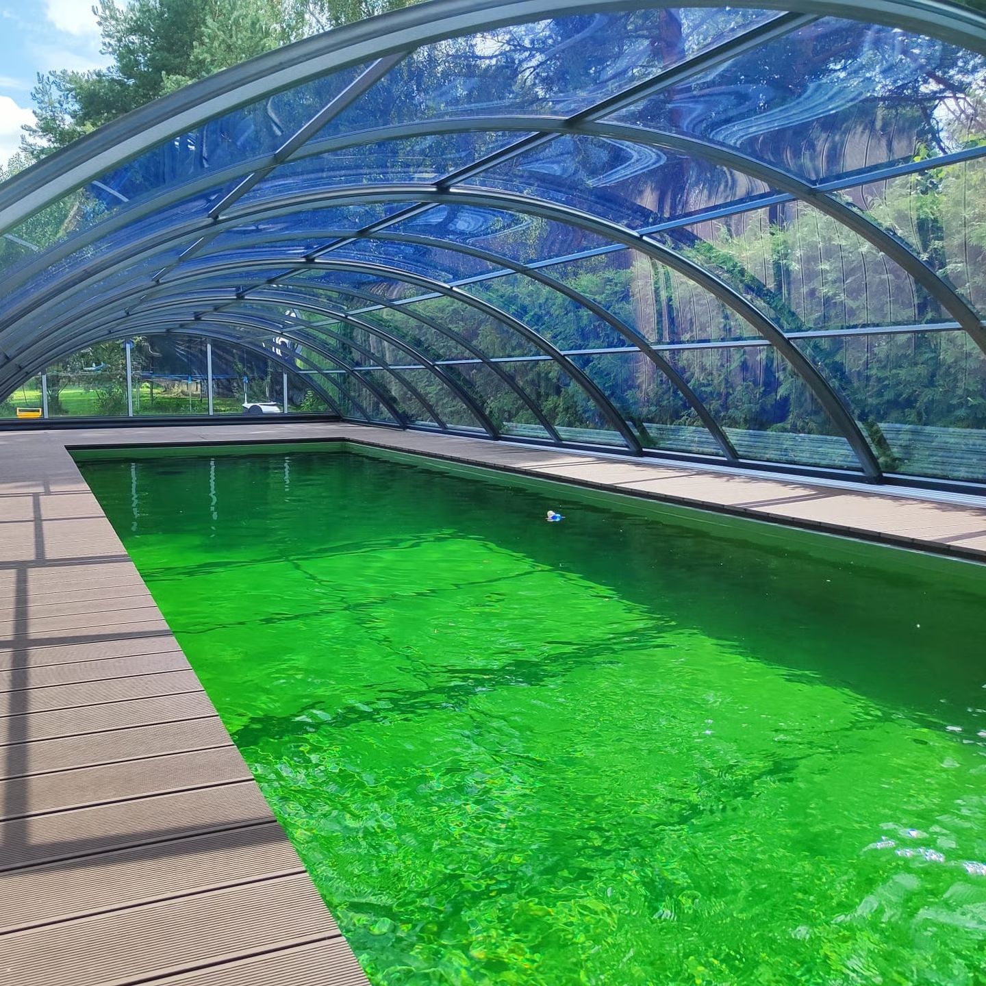 Grüner Swimmingpool unter einer blau getönten gewölbten Abdeckung. Holzdeck umgibt das Wasser.