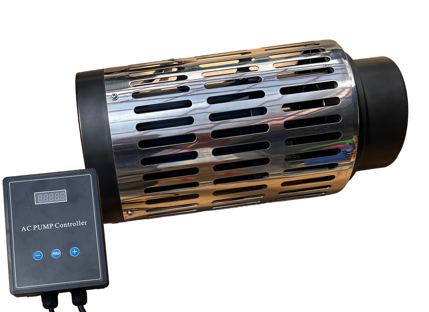 Ein zylindrischer Luftfilter mit Metallgehäuse und angeschlossenem Controller.