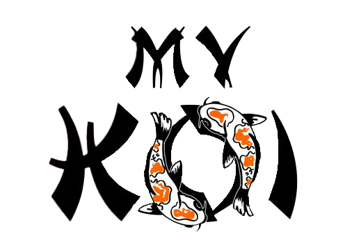 „MY“ über stilisierten schwarzen Koi-Fischen, die einen Kreis bilden, mit orangefarbenen und weißen Markierungen.