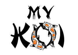 „MY“ über stilisierten schwarzen Koi-Fischen, die einen Kreis bilden, mit orangefarbenen und weißen Markierungen.