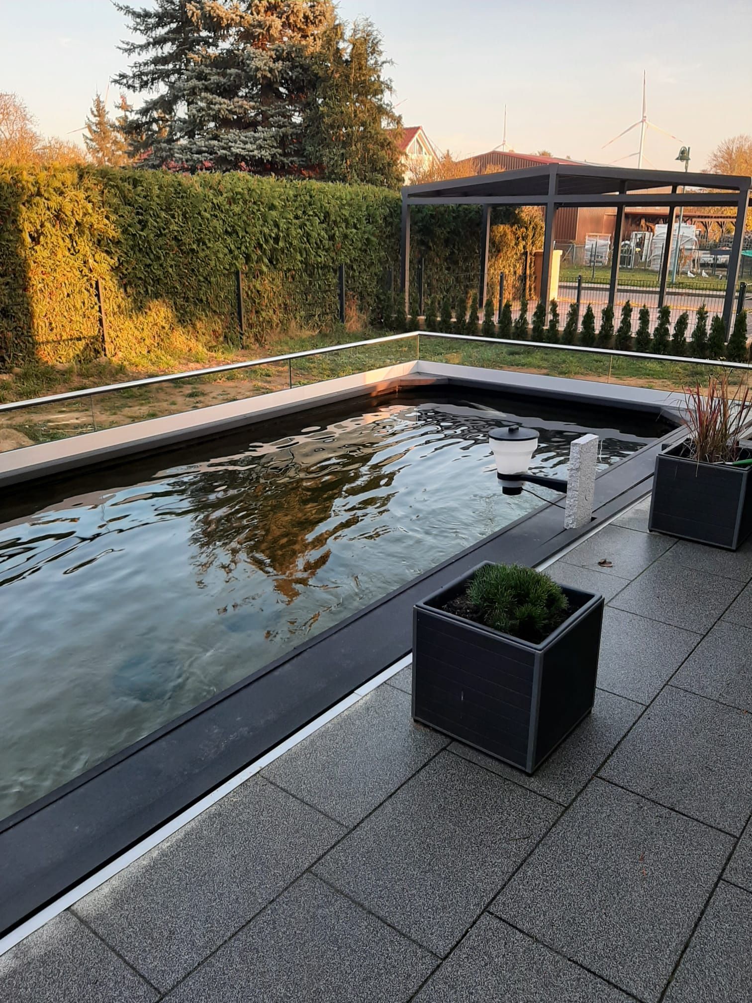 Rechteckiger Außenteich mit dunkler Einfassung, eingefasst von Pflastersteinen, mit Topfpflanzen und Heckenhintergrund.