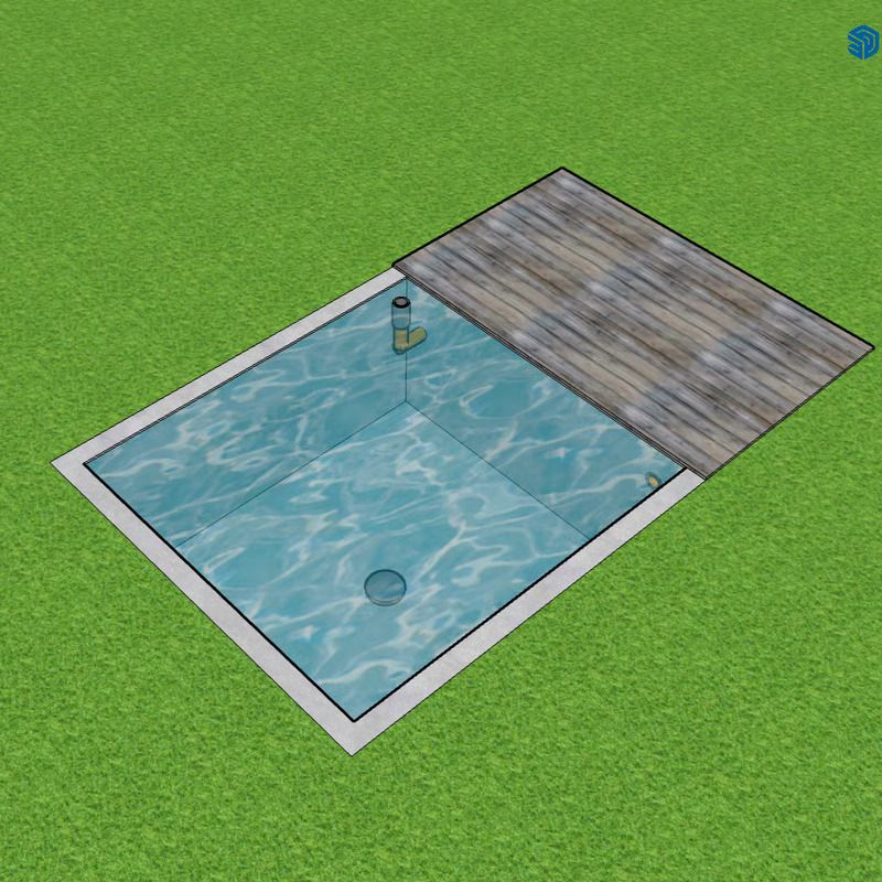 Ein rechteckiger Pool mit plätscherndem blauem Wasser, umgeben von Beton und einem Holzdeck, eingebettet in grünes Gras.