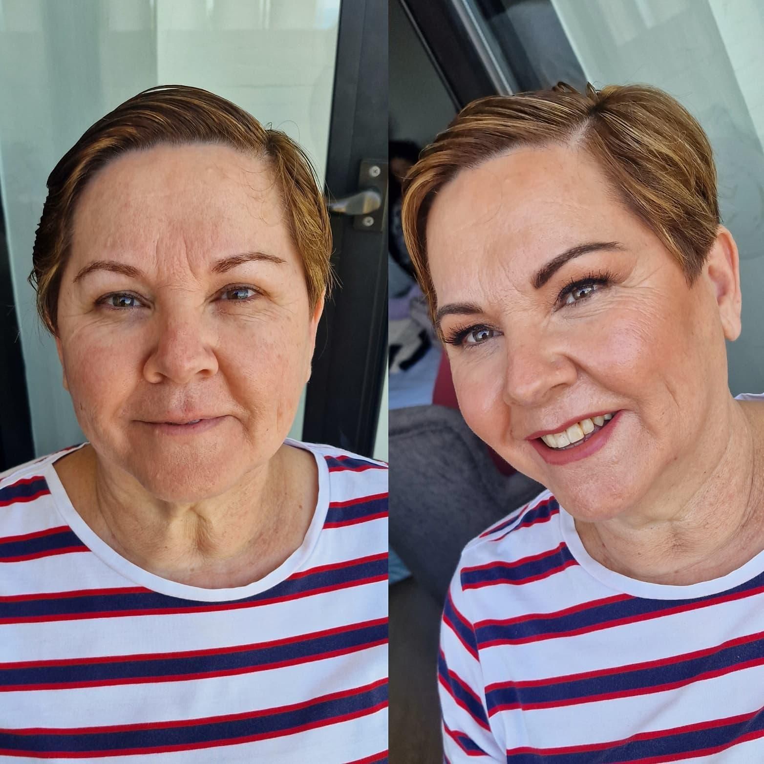 Mujer con y sin maquillaje, vestida con una camisa a rayas, sonriendo en un entorno al aire libre.