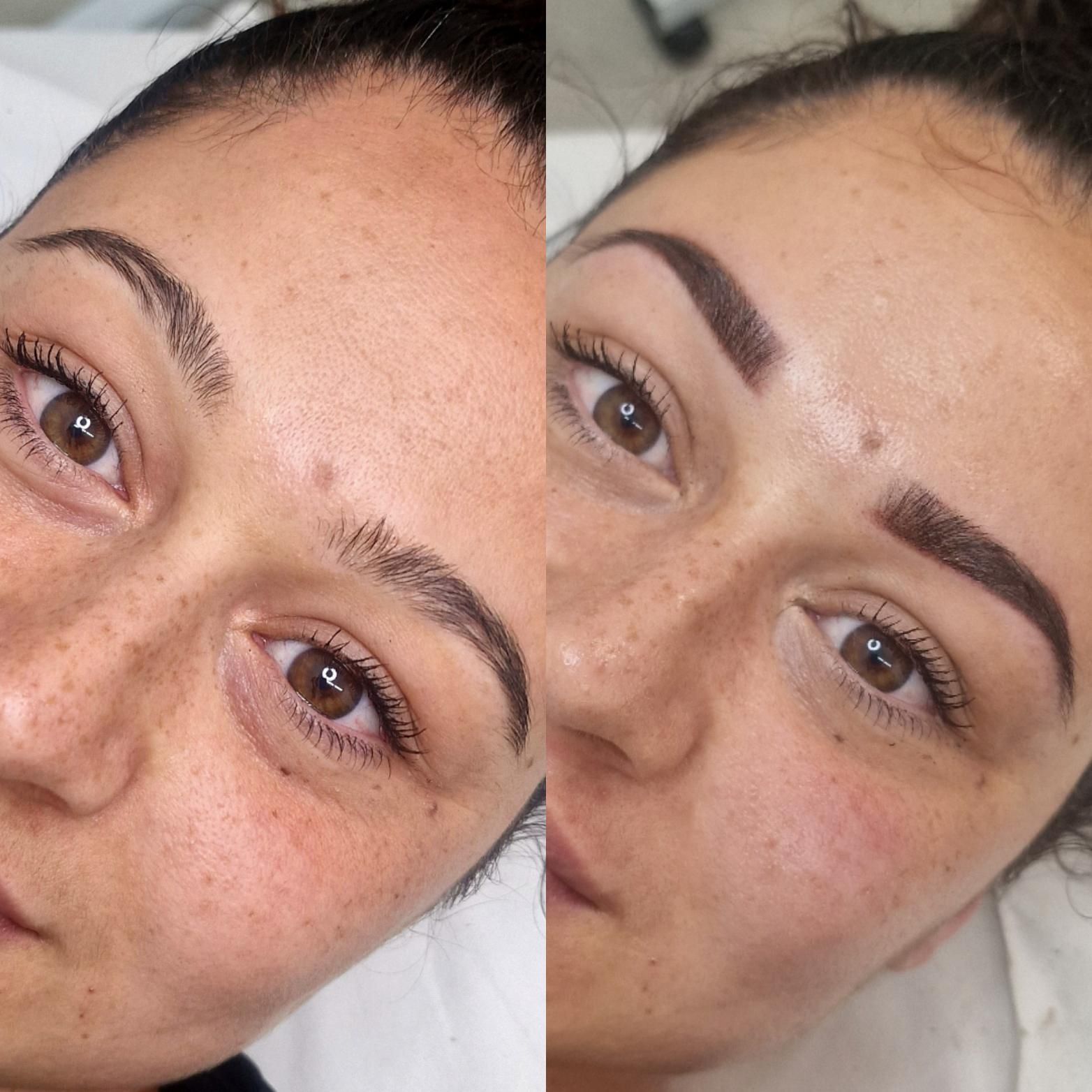 Fotos del antes y el después que muestran la transformación de las cejas, de escasas a pobladas. Ojos marrones, piel