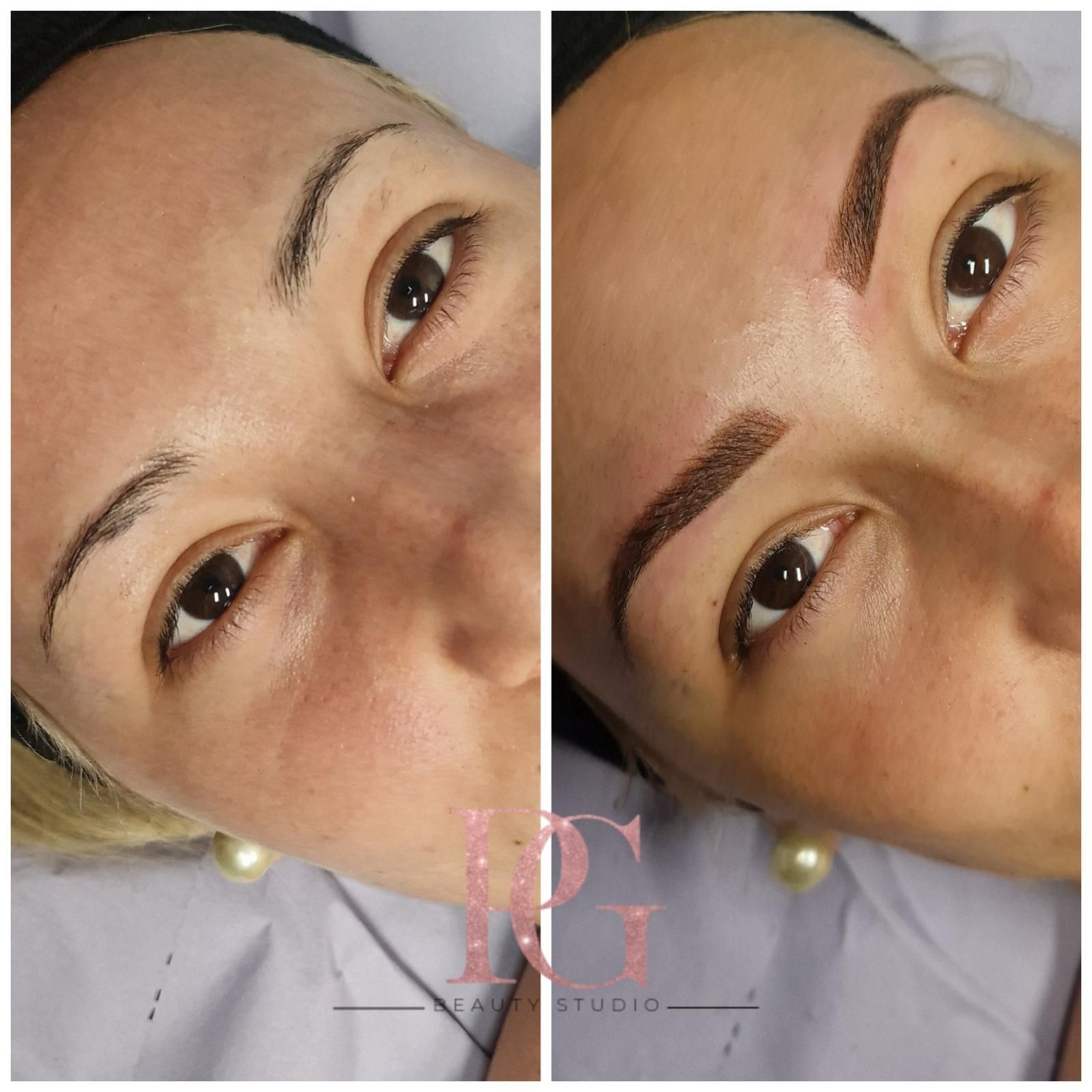 Antes y después del microblading de cejas: la primera ceja es escasa, y la segunda tiene arcos definidos.