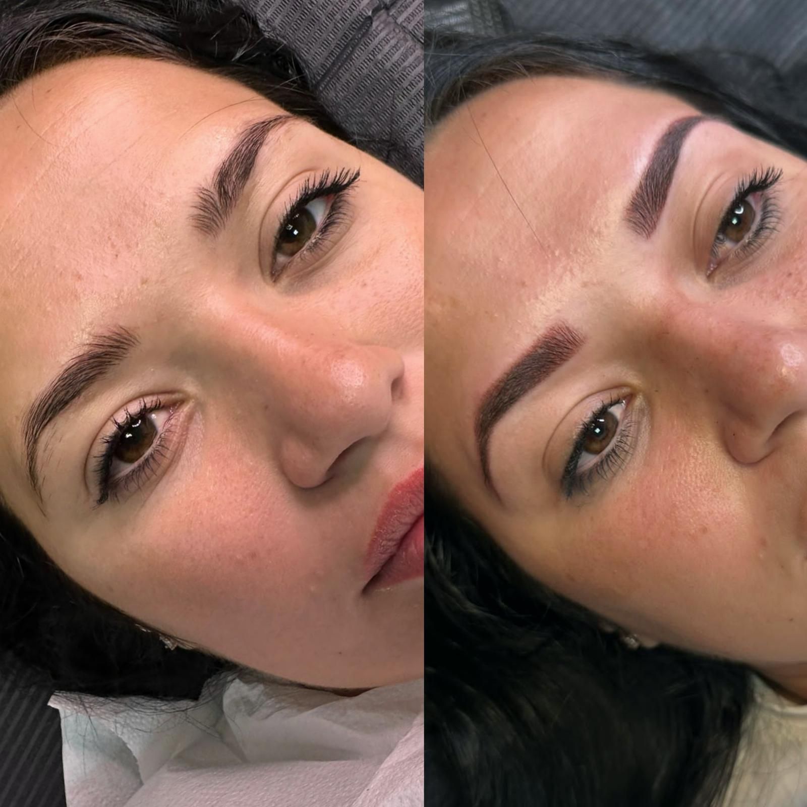 Microblading de cejas antes y después: Mujer con cejas castañas oscuras, mirando a la cámara. Cambios en la piel.