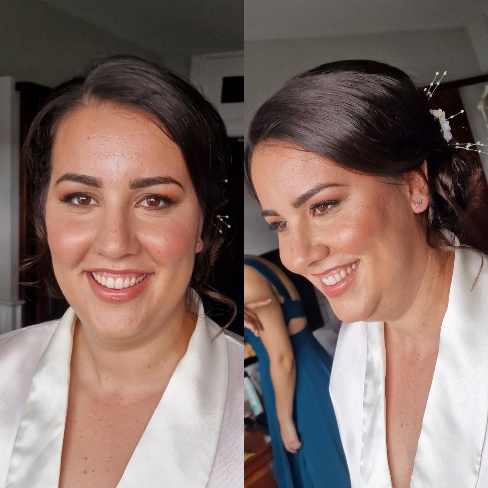Mujer de cabello oscuro, vestida con una bata blanca, maquillada como una novia, sonriendo. Dos ángulos.