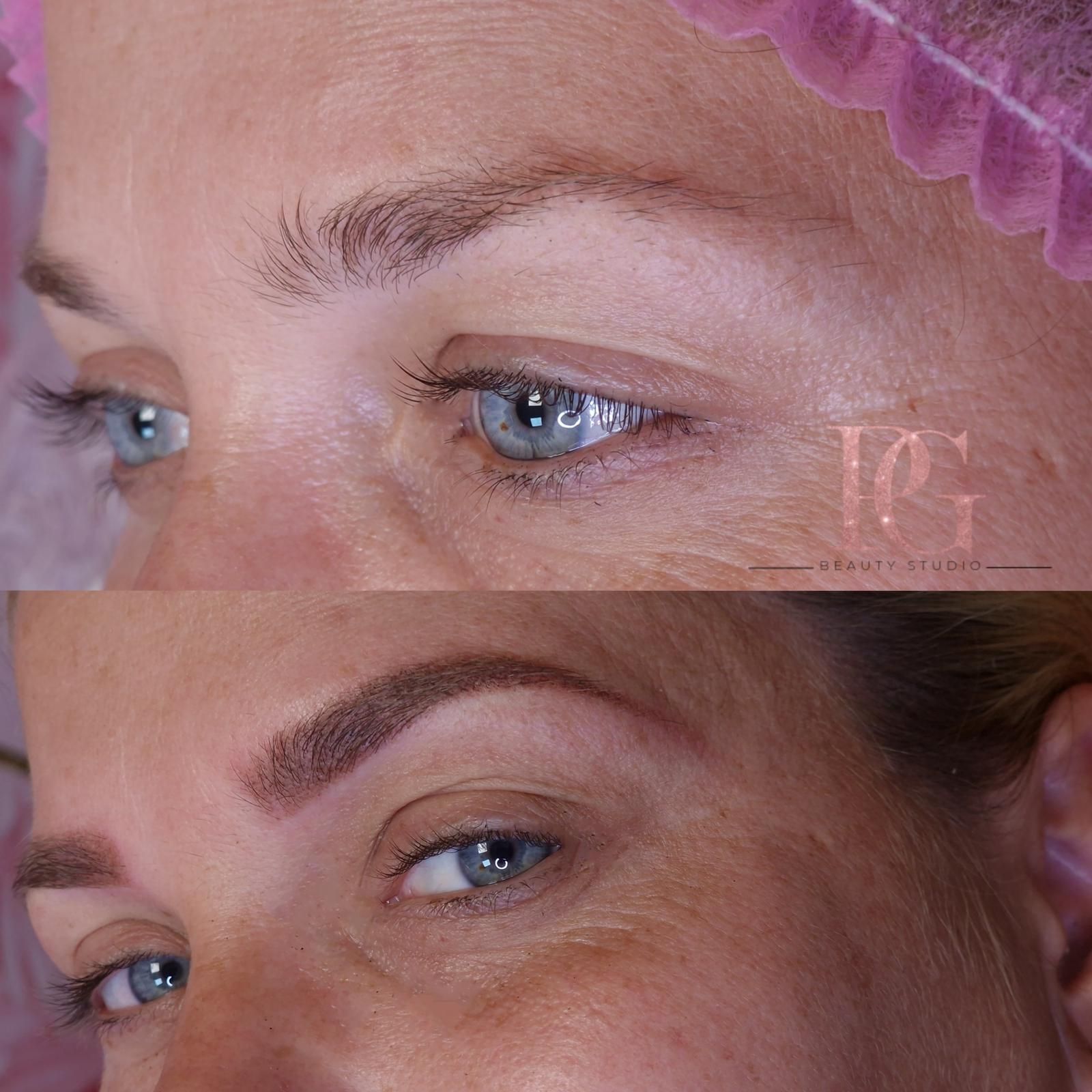 Transformación de cejas: antes y después. Cejas castañas claras oscurecidas y con forma mediante tatuaje cosmético.