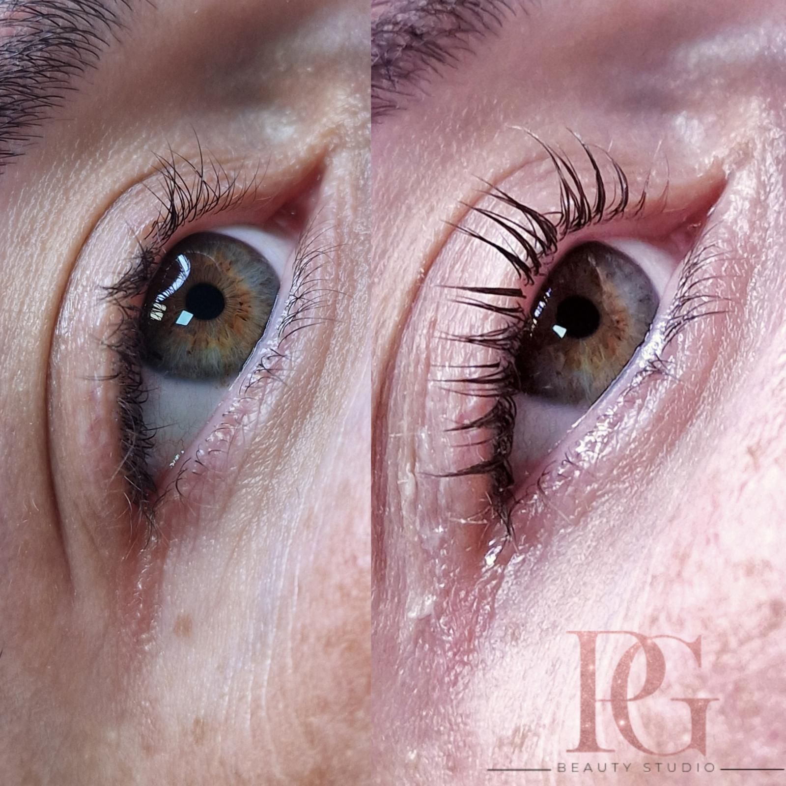 Antes y después de un lifting de pestañas; las pestañas lucen más largas y curvadas.