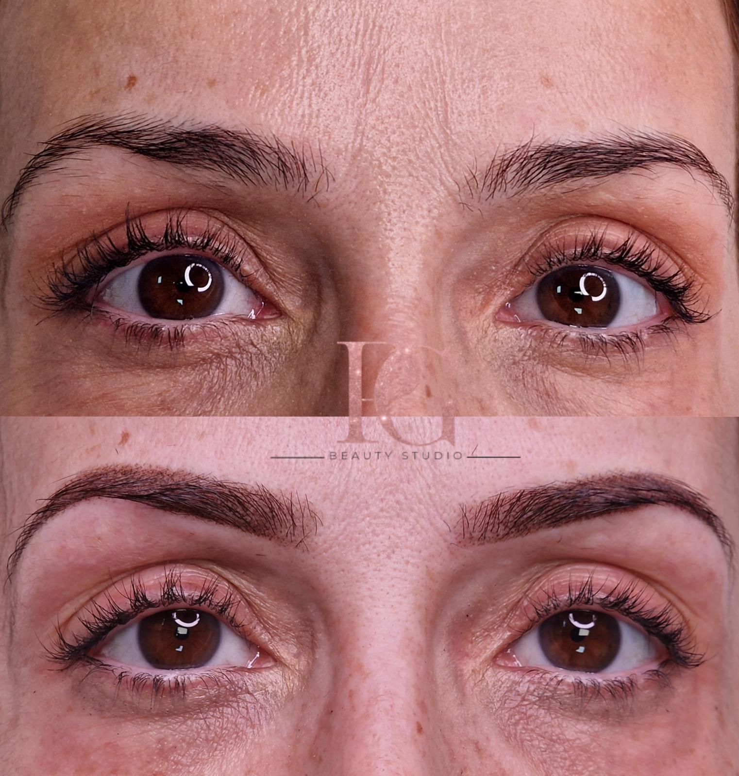 Foto del antes y después de un tatuaje cosmético de cejas. Ojos marrones, pestañas oscuras, cejas.