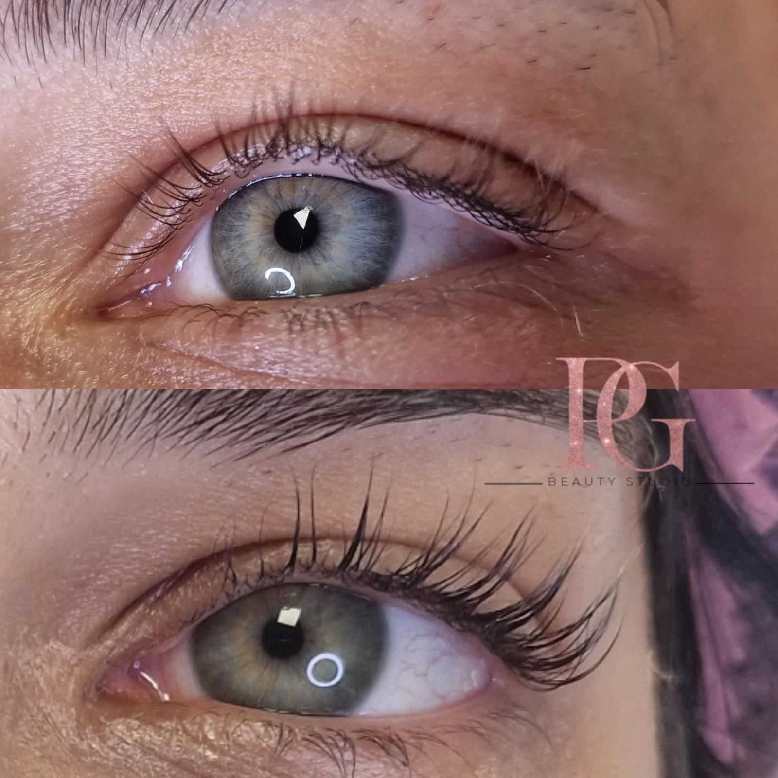 Arriba: ojo con pestañas escasas. Abajo: ojo con pestañas más largas y rizadas. Delineador blanco en ambos.