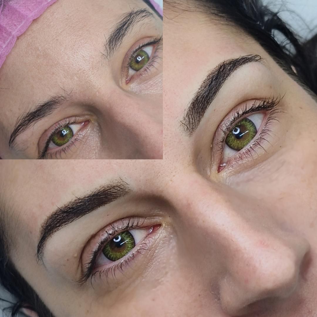 Transformación de cejas y delineador de ojos. Las fotos del antes y el después muestran cejas y delineador de ojos 
