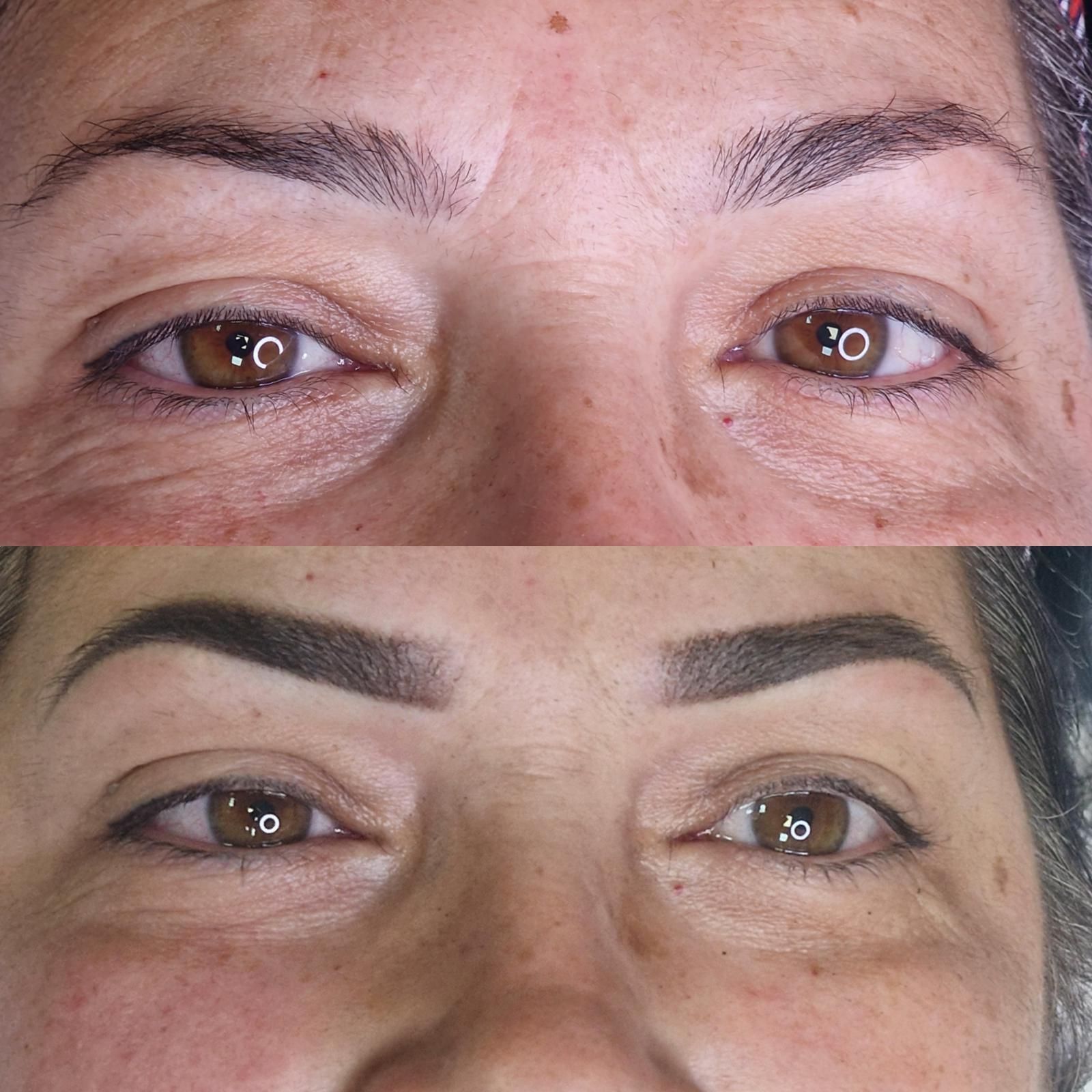 Fotos del antes y el después que muestran el tatuaje cosmético de cejas y delineador de ojos.