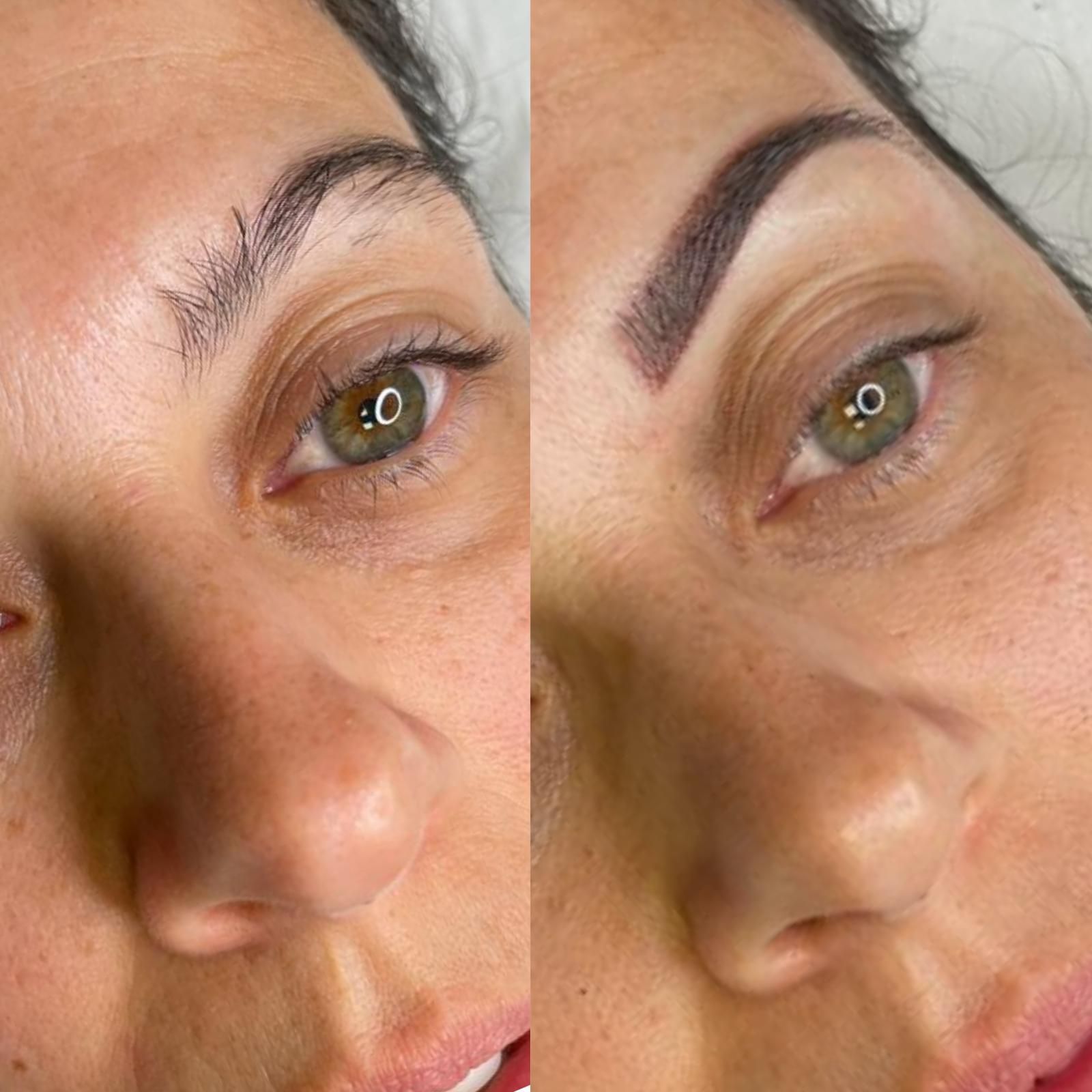 Antes y después de las cejas; escasas antes, rellenas con pigmento oscuro tras el procedimiento. Muestra los ojos