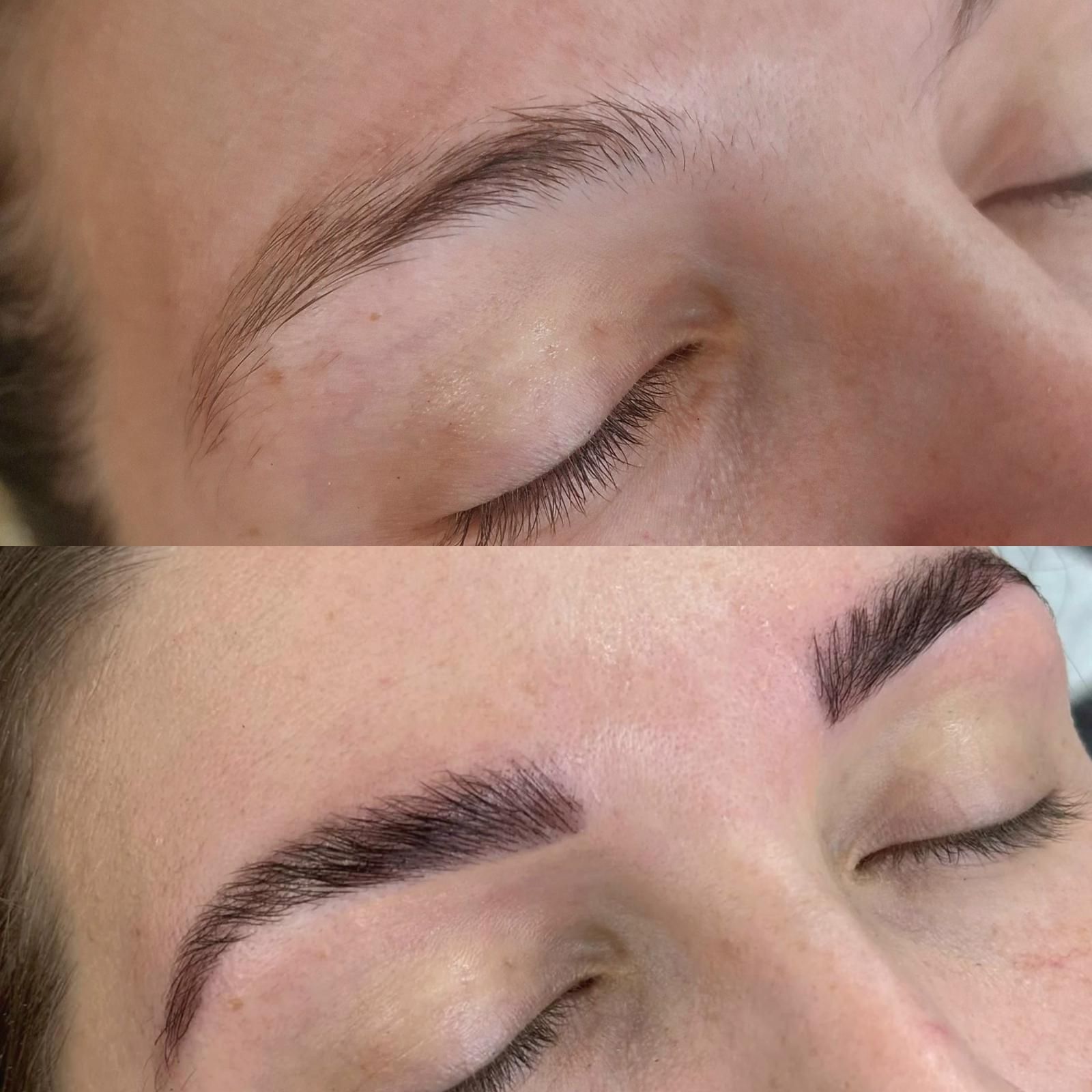 Arriba: Cejas escasas. Abajo: Cejas definidas y rellenas con los ojos cerrados.