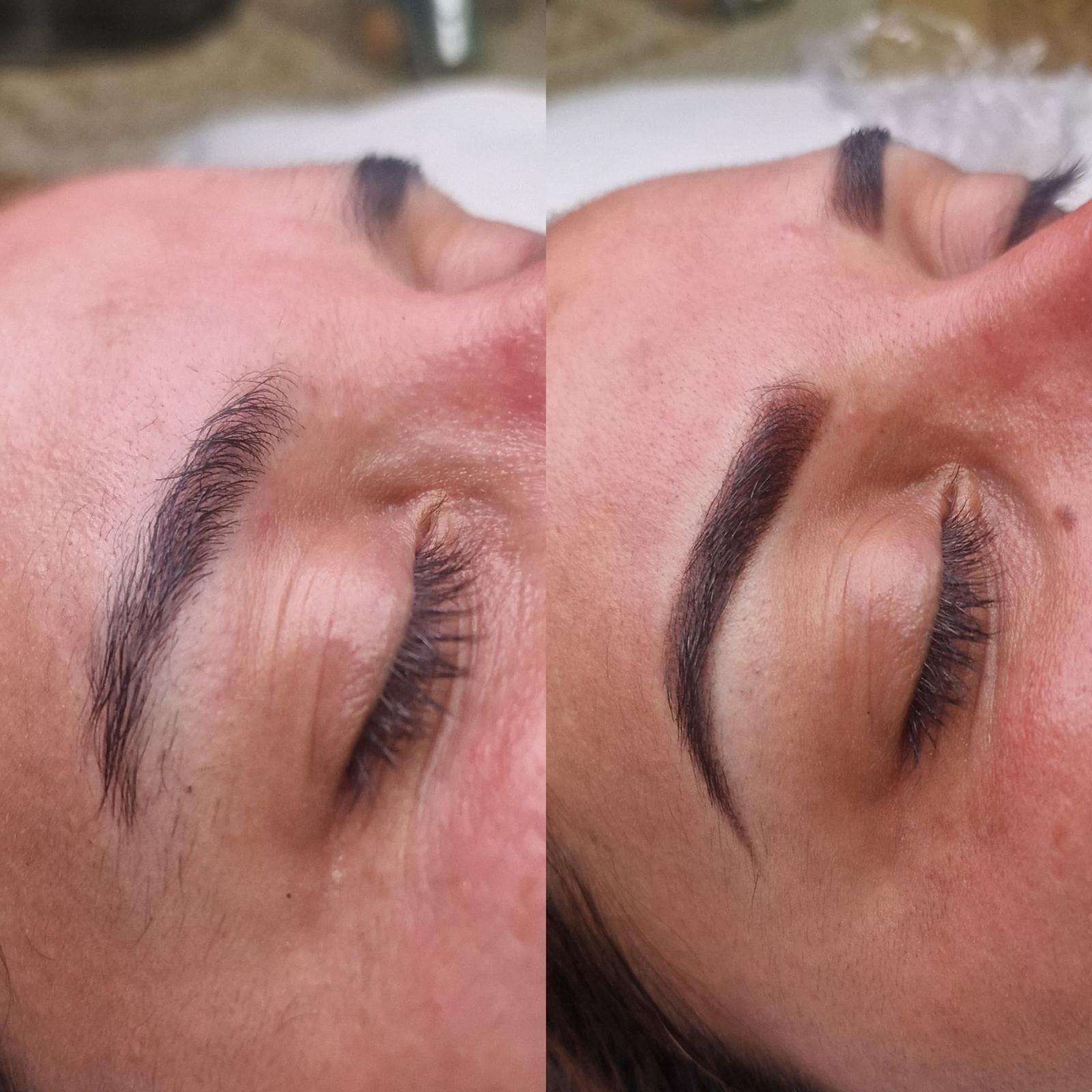 Comparación de cejas antes y después de un procedimiento cosmético; un lado con poco vello, el otro relleno y arqueado.