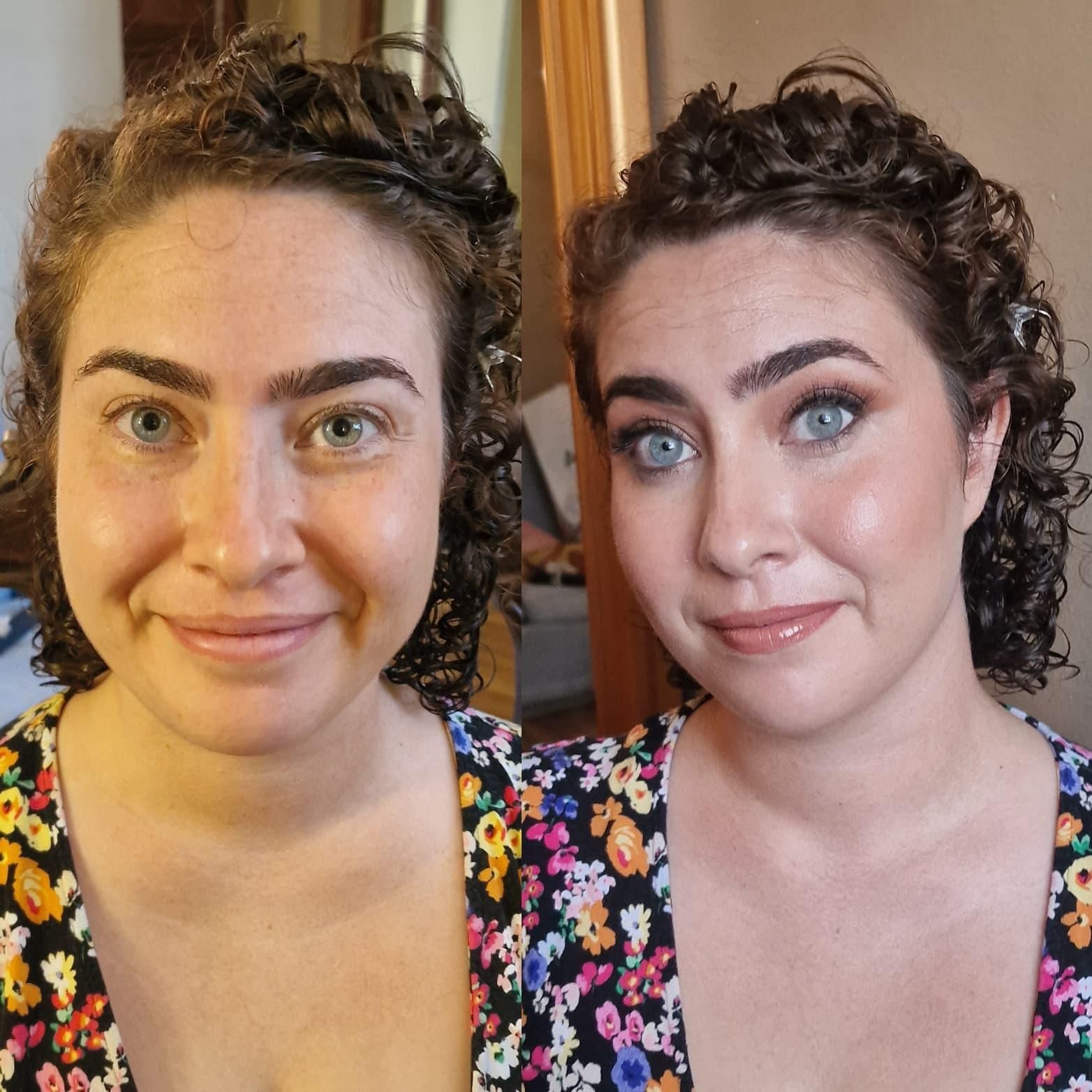 Mujer con y sin maquillaje, vestida con una blusa floreada, mirando al espectador y sonriendo levemente.