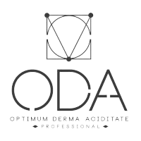 Logotipo de ODA, con diseño geométrico sobre el texto “ODA” y “Optimum Derma Aciditate Professional”.