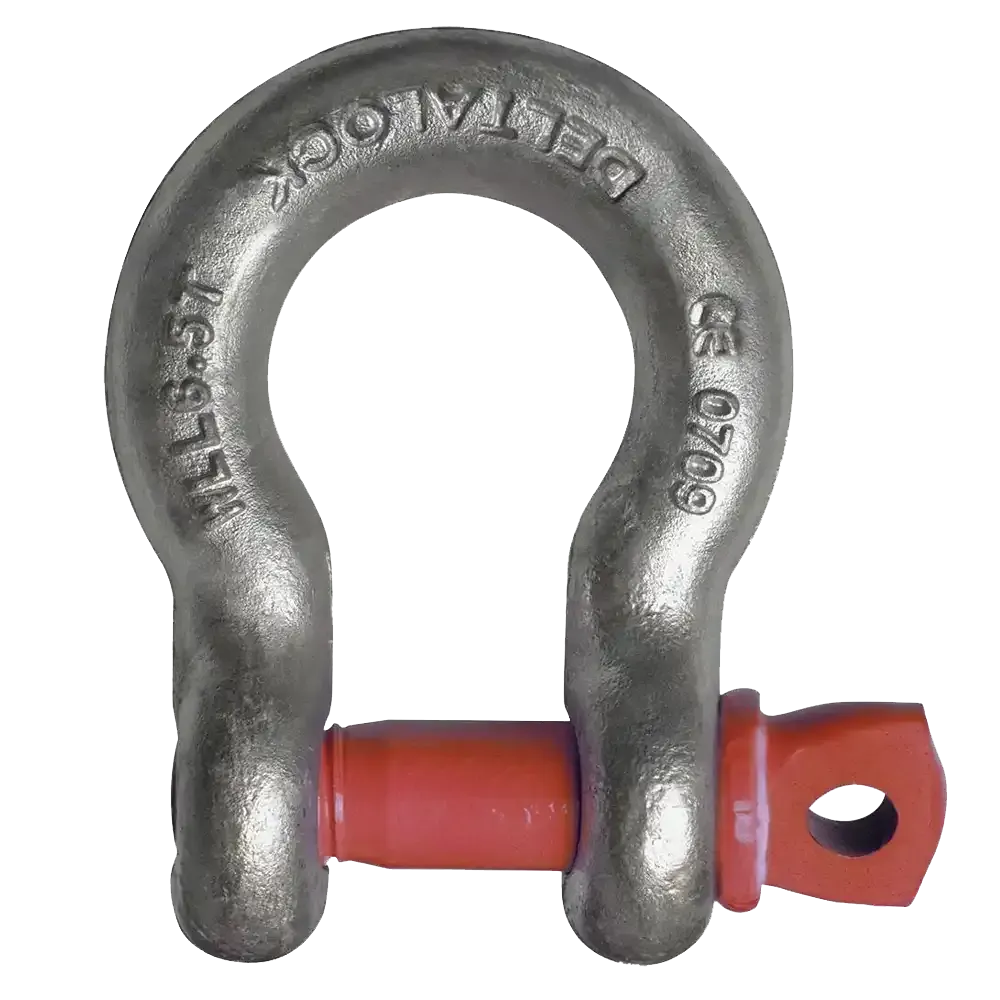 Eine Nahaufnahme von einem Schäkel mit einem roten Stift auf weißem Hintergrund