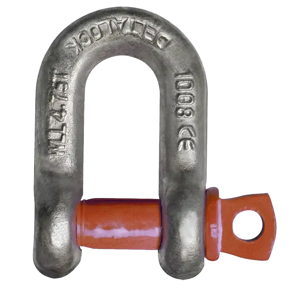 Eine Nahaufnahme einer Schäkel mit einem roten Stift auf weißem Hintergrund.