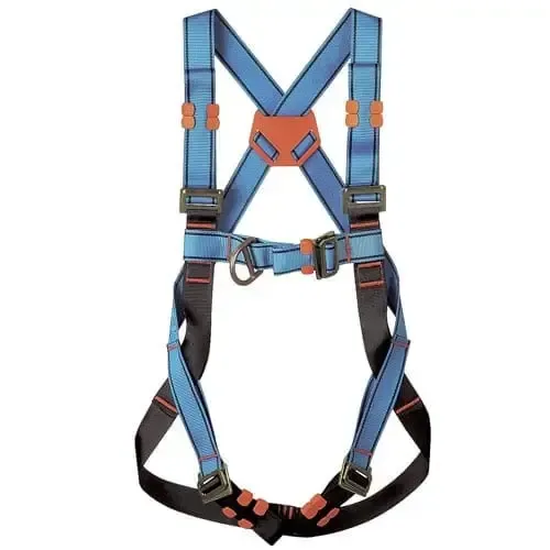 Ein blau-schwarzer Sicherheitsgurt auf weißem Hintergrund